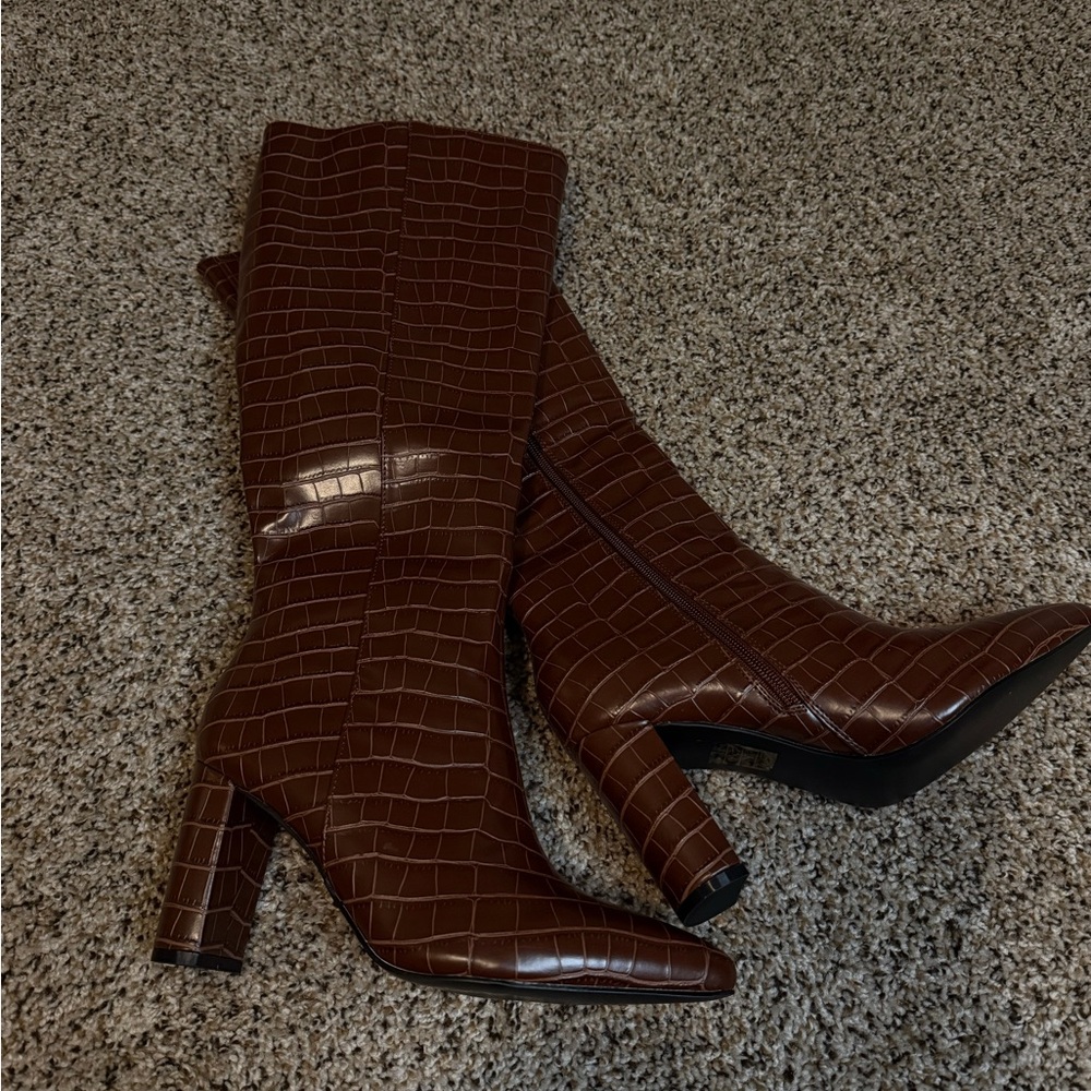 Brown Croc-Texture Knee Boots - Women's Fashion Boots